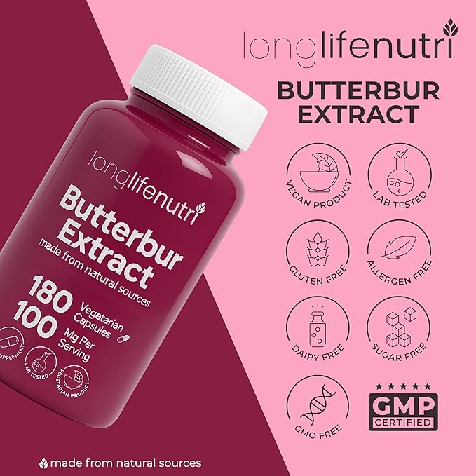 LongLifeNutri Butterbur Extract 100mg - Petasites Hybridus Root Extract 180 Vegetarian Capsules 6 Month Supply Organic Supplement for Head Comfort &amp Neural Calm GMP Certified Made in USA