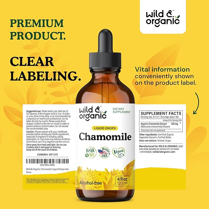 Wild &amp Organic Chamomile Flowers Tincture - Calming Supplement for Relaxation - Chamomile Extract Liquid Drops - Vegan Sugar &amp Alcohol-Free - 4 fl oz