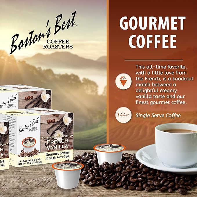 Boston’s Best - French Vanilla Medium Roast Gourmet Coffee Delicious Flavored Compatible with Keurig Coffee Maker 1 Count (144 Single Serve Cups)