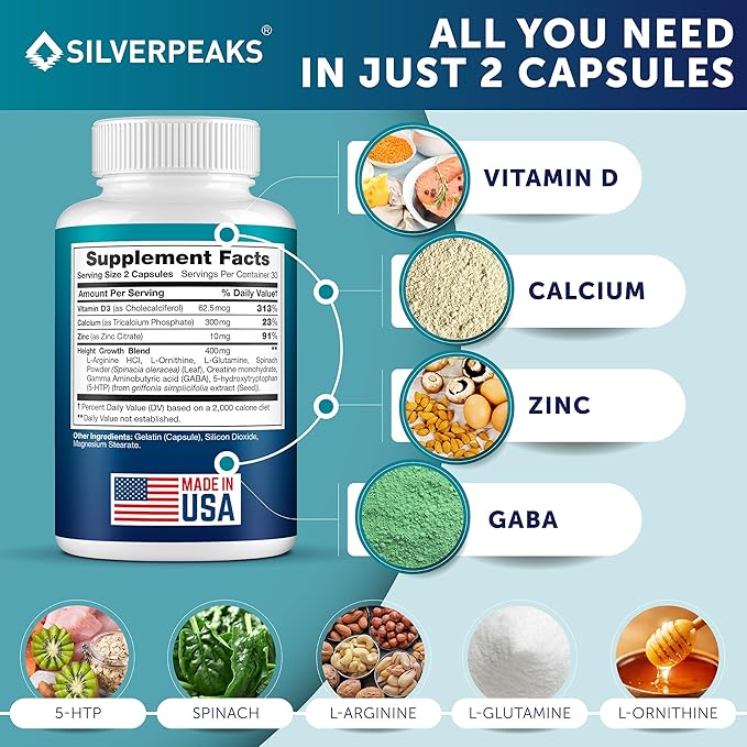 SILVERPEAKS Growth Capsules to Grow Taller - Height Growth Maximizer with Calcium for Bone Strength - Made in USA - Natural Get Taller Supplement to Increase Bone Growth - Pack of 2