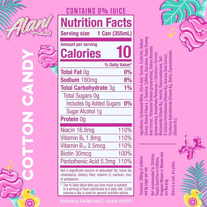 Alani Nu COTTON CANDY Sugar Free Low Calorie Energy Drinks 200mg Caffeine Biotin B Vitamins Zero Sugar 10 Calories 12 Fl Oz Cans 12 Pack