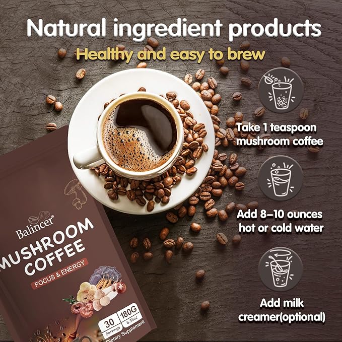 Mushroom Coffee 6 Adaptogenic Mushrooms (Lion's Mane Cordyceps Turkey Tail &amp Other) Mixed with Premium Instant Coffee for Focus Energy Immune and Gut Health Support 60 Servings
