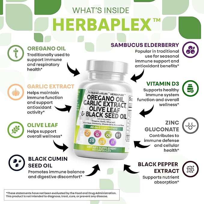 Clean Nutraceuticals Oregano Oil Garlic Extract Olive Leaf Black Seed Oil - Immune Support &amp Digestive Health Supplement for Women and Men with Vitamin D3 &amp Zinc - 2Pack
