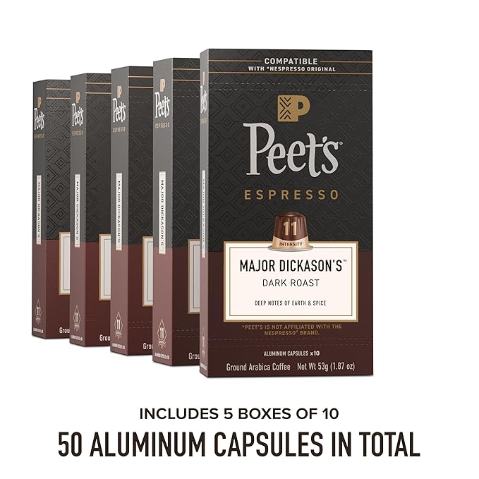 Peet's Coffee Dark Roast Espresso Capsules Compatible with Nespresso Original Machines 100% Arabica Coffee - Major Dickason's Blend Intensity 11 50 Count (5 Boxes of 10 Espresso Capsules)