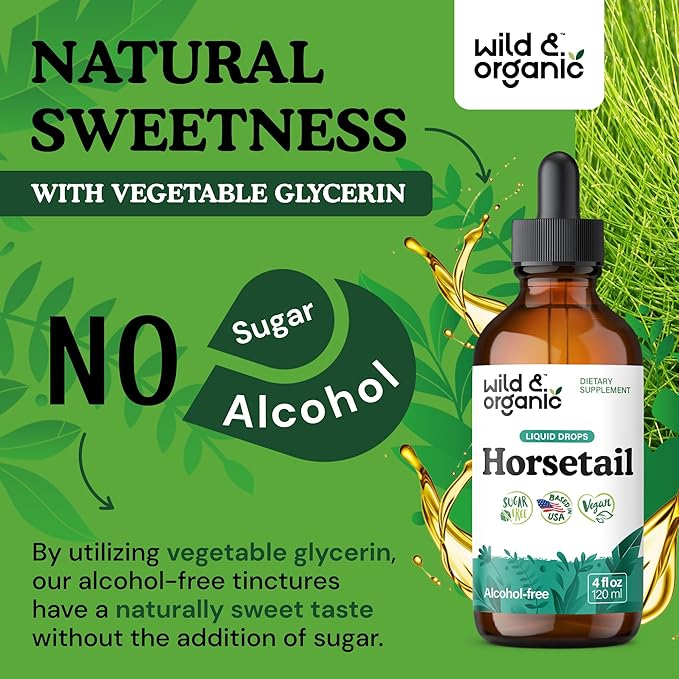 Wild &amp Organic Horsetail Herb Tincture - Hair Skin and Nails Support - Liquid Horsetail Supplement - Vegan Sugar &amp Alcohol-Free Leaf Extract Drops - 4 fl oz