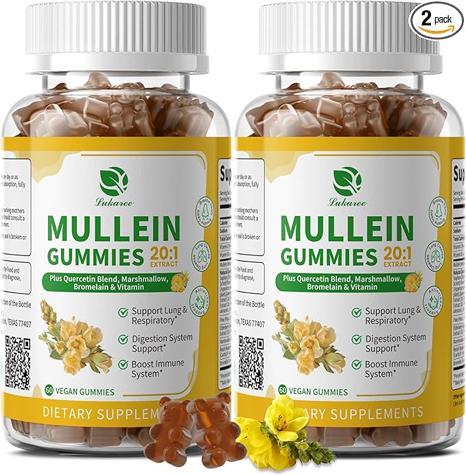 (2 Pack) 9 in 1 Mullein Gummies for Lung Cleanse &amp Lymphatic Drainage* Extra Strength Mullein Leaf Extract w/Quercetin Bromelain Elderberry &amp Marshmallow for Respiratory &amp ImmunityVega