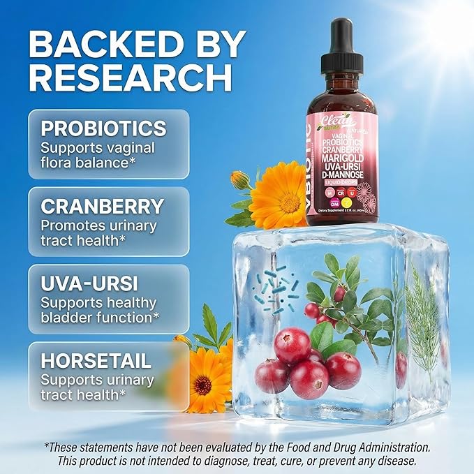 Clean Nutraceuticals VBiotic Vaginal Probiotic for Women Liquid Drops | Cranberry Uva Ursi Horsetail D-Mannose Prebiotics Marigold &amp Black Cohosh Vaginal Health Supplement | pH Balance