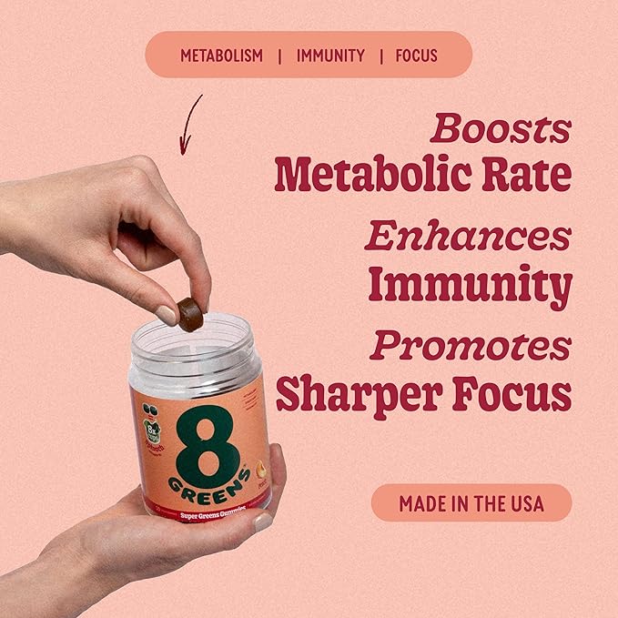 8Greens Supergreens Gummies | Super Greens Powder Superfood Gummy for Metabolism Immunity &amp Focus Digestive Health Enzymes Organic: Chlorella Spirulina Aloe Vera Peach Flavor 150 Count