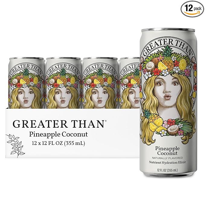 GREATER THAN Hydration for Her - Nutrient Enhanced Coconut Water Electrolyte Beverage with Real Fruit Plant-Based Vitamins &amp Fiber Clean Functional Hydration Pineapple Coconut 12 oz (12 Pack)