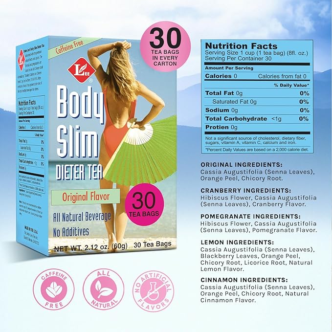 Uncle Lee’s Body Slim Dieters Tea Detox &amp Slimming Tea Senna Bitter Orange Cinnamon Flavor &amp Chicory Root Natural Laxative Caffeine-Free Herbal Tea Bags 30 Count Ea (Pack of 6)