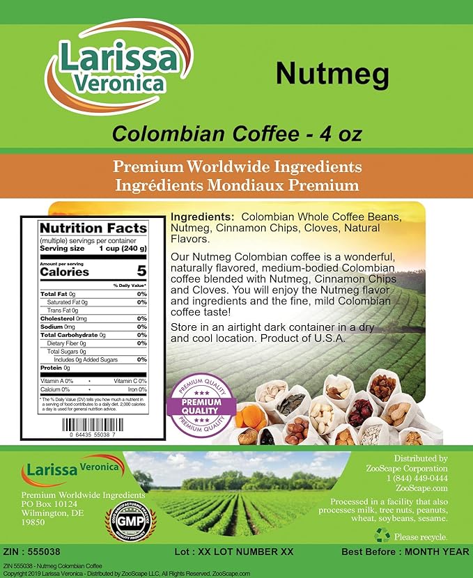 Nutmeg Colombian Coffee (Gourmet Naturally Flavored Whole Coffee Beans) (4 oz ZIN: 555038) - 3 Pack