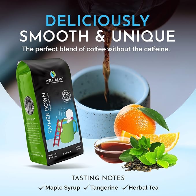 Well-Bean Coffee - Simmer Down Colombian Ground Coffee Decaf Coffee Swiss Water Decaf Coffee Vegan Decaf Coffee Beans Light Roasted Coffee 2 lb Coffee Bag