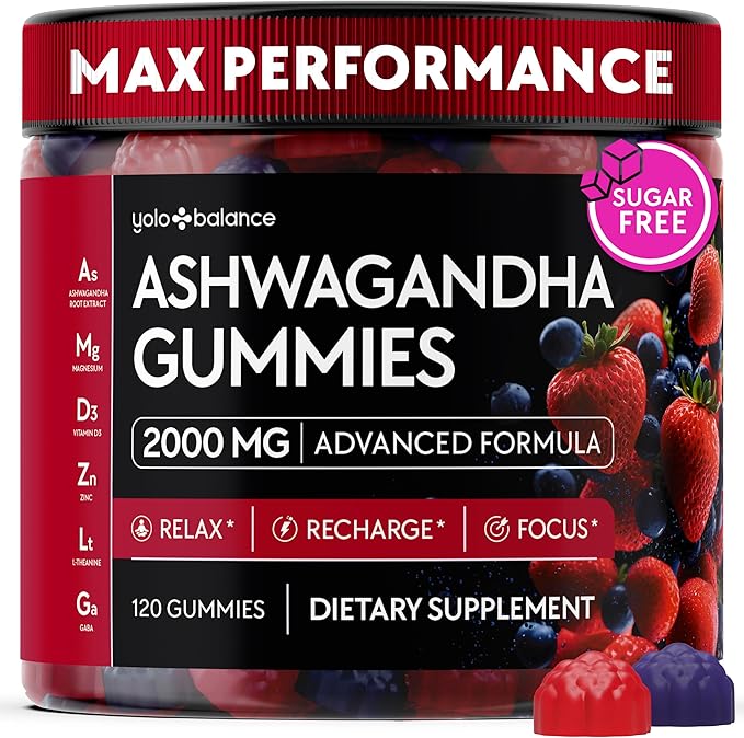 Ashwagandha Gummies – 120 Count - 2000 MG Ashwagandha Supplements with L-Theanine GABA Magnesium Zinc &amp Vitamin D3 – Sugar-Free Vegan Non-GMO–Natural Support for Balance