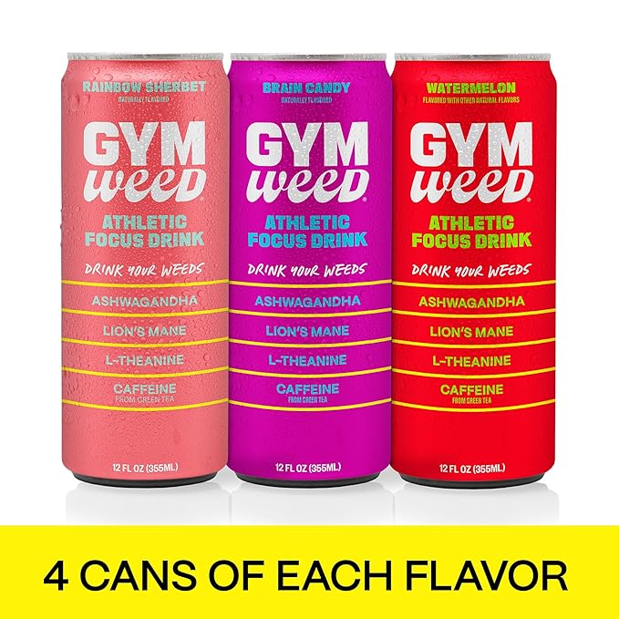 GYM WEED Athletic Focus Drink with KSM-66 Ashwagandha Lion's Mane Mushroom L-Theanine 200mg Green Tea Caffeine with Natural Sweeteners Sour and Sweet Variety of Flavors 12 Pack