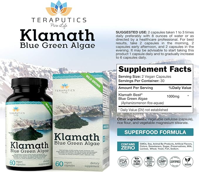 Premium Klamath Lake Blue Green Algae - More Powerful Than Spirulina And Chlorella Supplements | Pure Chlorophyll Rich SuperFood Sourced from Organic Klamath Lake 500mg 60 Vegan Capsules