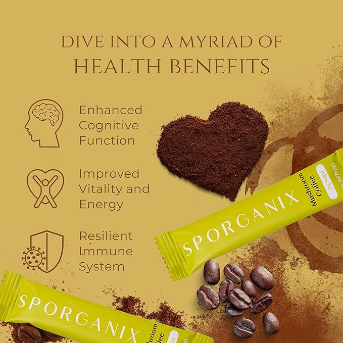 Sporganix Organic Mushroom Coffee – Instant Arabica with 5 Functional Mushrooms (Lion’s Mane Reishi Chaga Cordyceps Shiitake) – Unsweetened Medium Roast 30 Servings for Focus &amp Energy