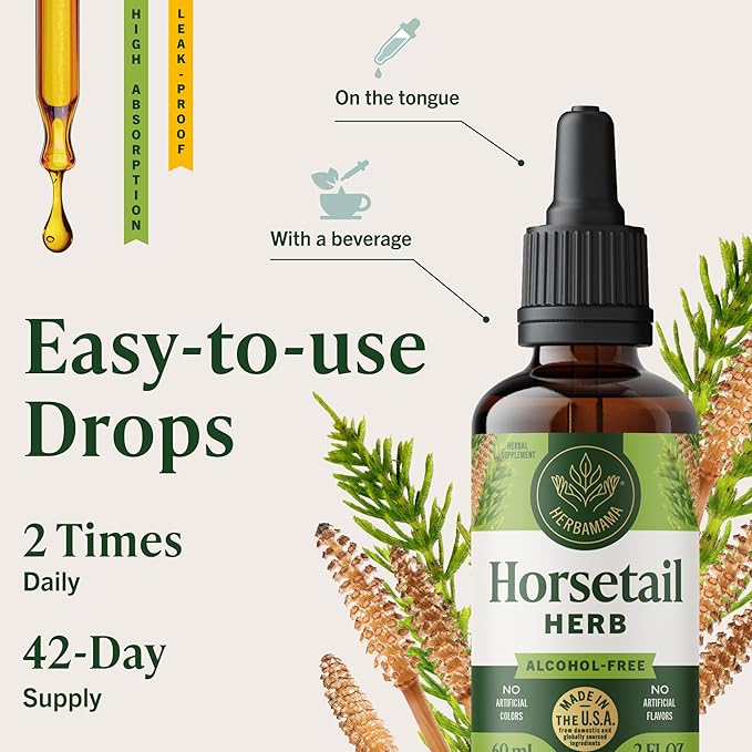 HERBAMAMA Horsetail Supplement Drops - Vegan Hair Nail &amp Skin Care with Horsetail Extract - Non-GMO Alcohol &amp Sugar-Free Liquid Hair Strengthening Tincture 42-Day Supply