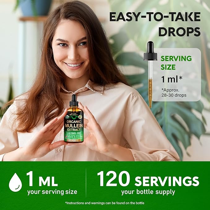 Mullein Drops for Lungs - USDA Organic Liquid - Mullein Leaf Extract Supplement - Made in USA - Lung &amp Bronchial Cleanse for Smokers - Respiratory Health Support - As Tincture Tea Pills - Pack o
