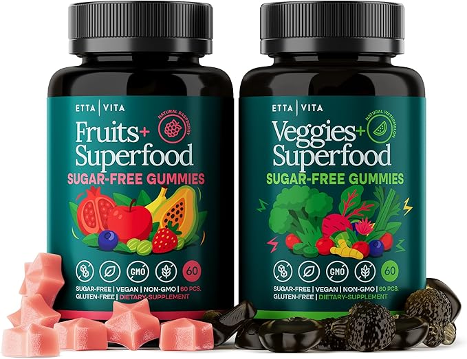 Everyday Debloat &amp Detox Sugar-Free Fruits and Veggies Gummies - Energy Support with Superfood Fruit and VegetableSupplement (120 Chews) Cruelty-Free Vegan Gluten-Free Fruit and Vegetable Vitam