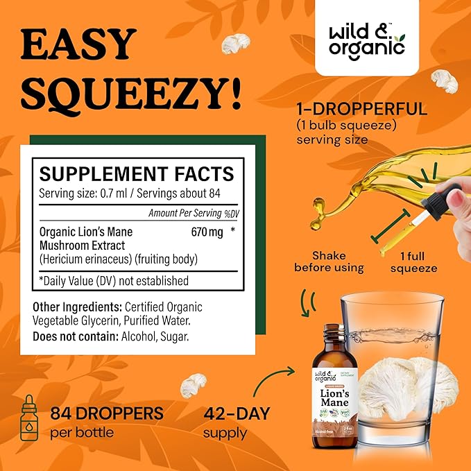 Wild &amp Organic Lions Mane Liquid Drops - Focus &amp Brain Support - Lions Mane Supplement - Hericium Erinaceus Mushroom Extract Tincture - Vegan Alcohol &amp Sugar-Free - 2 fl oz