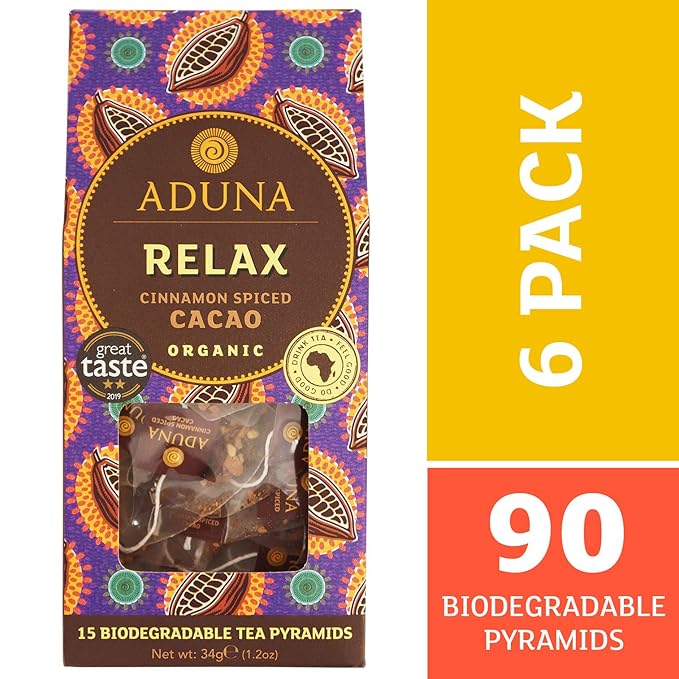 Aduna Organic Relax Cacao Super Tea | Natural Caffeine-Free Herbal Infusion With Cinnamon Cardamom &amp High-Flavanol Cacao | Superfood Tea for Heart Support | 15 Biodegradable Pyramid Bags x 6 Pack
