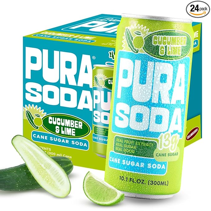 PuraSoda® Cucumber &amp Lime | 65 Calories &amp 13g Pure Cane Sugar per Can | Non-GMO Vegan | Made with Pure Cane Sugar Clean &amp Refreshing | 10 fl oz (300ml) Cans Pack of 24