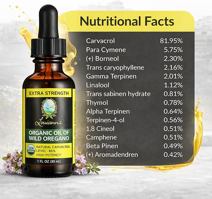 Louianna - Organic Wild Oregano Oil Pure Oil of Oregano Drops with 80 Percent Carvacrol for Oral or Topical Use 30 mL