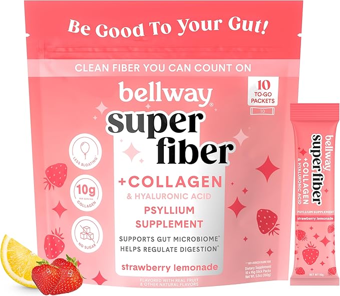 Bellway Super Fiber Packets + Collagen Sugar-Free Psyllium Husk Powder with Collagen Peptides &amp Hyaluronic Acid for Gut Health Healthy Skin Nails Bones &amp Joints Strawberry Lemonade (10 Pa
