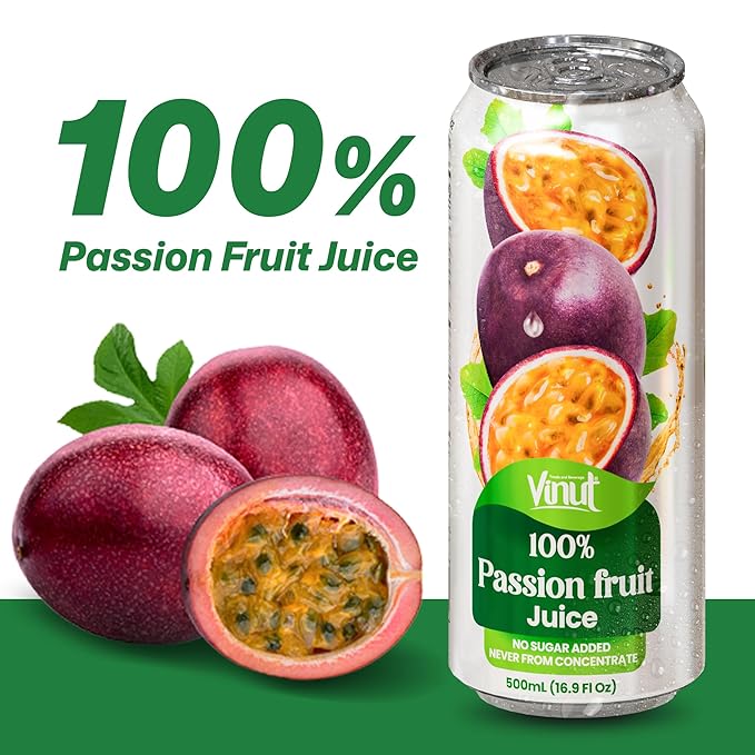 VINUT 100% Passion Fruit Juice No Added Sugar Not From Concentrate 16.9 fl oz (500 mL) Can Pack of 12