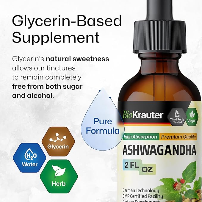 BIO KRAUTER® Ashwagandha Supplements - Liquid Drops Pure Vegan Ashwagandha for Women &amp Men 685 mg per Serving 2 Fl.Oz 28-Day Supply - Used for Mood Magic &amp Relaxation Support - Alcohol &amp S