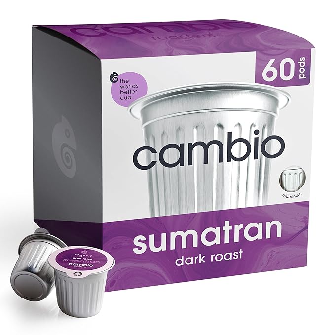 Cambio Roasters Sumatran Dark Roast Organic Coffee Pods - The Only Organic Recyclable Aluminum Coffee Pods Small Batch Roasted Keurig® Compatible Bold Flavor &amp Longer Lasting Freshness 60 Coun