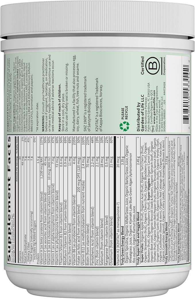Garden of Life Sport Nutrition Greens and Superfoods Powder for Women and Men - Apple Berry Organic Blend - Spirulina Fruit Vitamins Pre &amp Probiotics Mushrooms Athletic Supplements 30 Servi
