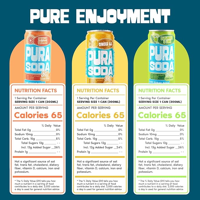 PuraSoda® Zest Fest Soda Variety Pack - Cucumber &amp Lime Orange &amp Ginger Ale | 10 fl oz (Pack of 24) | 65 Calories 13g Real Cane Sugar Real Fruit Extracts | Non-GMO Vegan No Stevia or Art