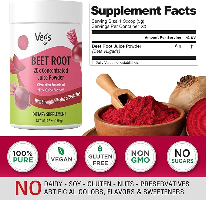 Beet Juice Powder - 20 X Ultra Concentrated Nitrates Betanines High Strength Nutrients - Freeze Dried Organic Beet Root Juice - Nitric Oxide Healthy Circulation Superfood - Sugar Free 5.3 oz