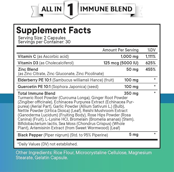 Quercetin Zinc Vitamin C Vitamin D Bromelain Elderberry - Nettle Supplement with Artemisinin Sea Moss Echinacea - 180 Count