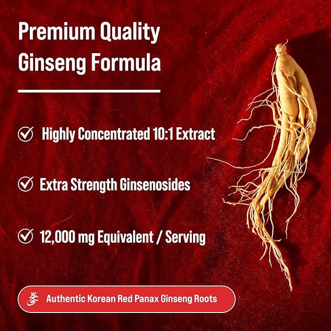 NutraChamps Korean Red Panax Ginseng Capsules | Extra Strength Ginsenosides for Energy Focus Performance Vitality &amp Immune Support | Korean Ginseng Root Extract (120 Red)