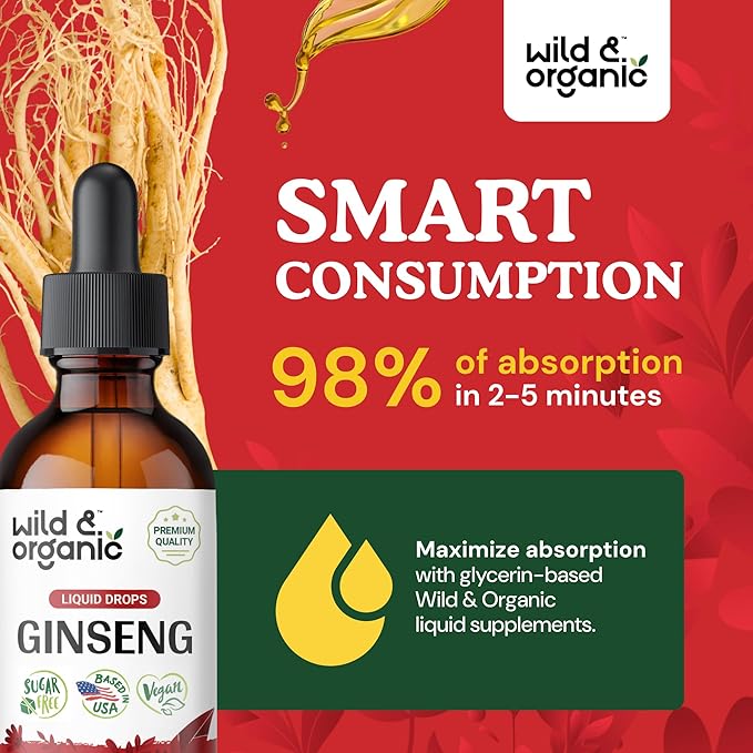 Wild &amp Organic Korean Red Ginseng Extract Drops - Panax Ginseng Supplement for Immune Support - Liquid Root Tincture for Overall Well-Being - Vegan Sugar &amp Alcohol-Free - 2 fl oz