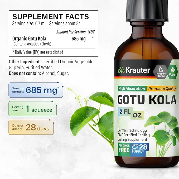 BIO KRAUTER® Centella Asiatica (Gotu Kola)- Liquid Drops Gotu Kola Extract 685 mg/Serving 2 Fl.Oz 28-Day Supply - Pure Vegan Brain Supplement Supports Calm Focus &amp Memory - Alcohol &amp Sugar F