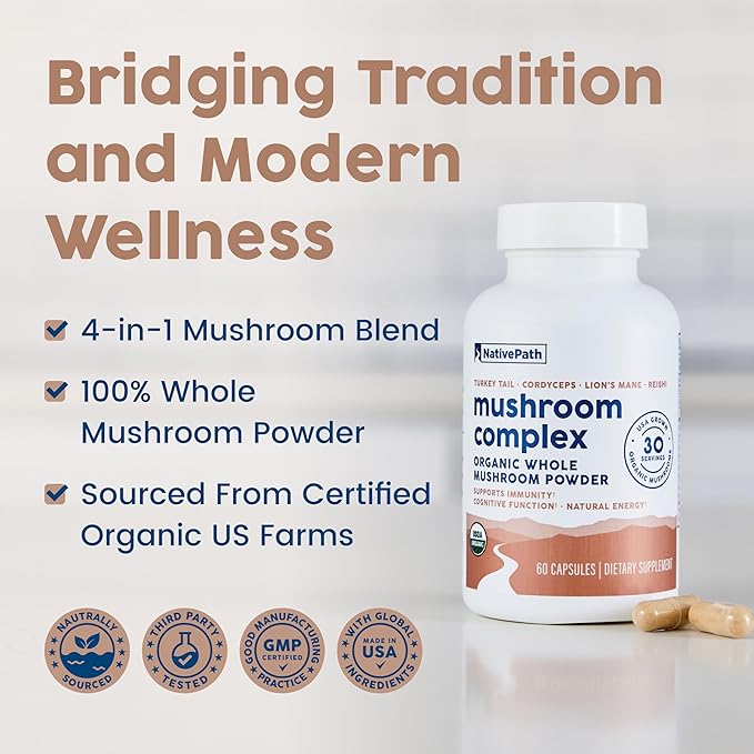 NativePath Mushroom Complex - Organic Lions Mane Turkey Tail Cordyceps &amp Reishi Supplement for Immune Support Brain Focus &amp Energy - Beta-Glucans Adaptogen Vegan Non-GMO - 60 Capsules