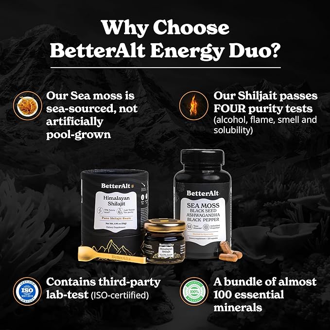Better Alt Shilajit Resin 30 gm &amp Sea Moss Capsules Energy Duo| Shilajit Gold Grade for Men &amp Women with High Potency &amp Irish Sea Moss with Black Seed Oil