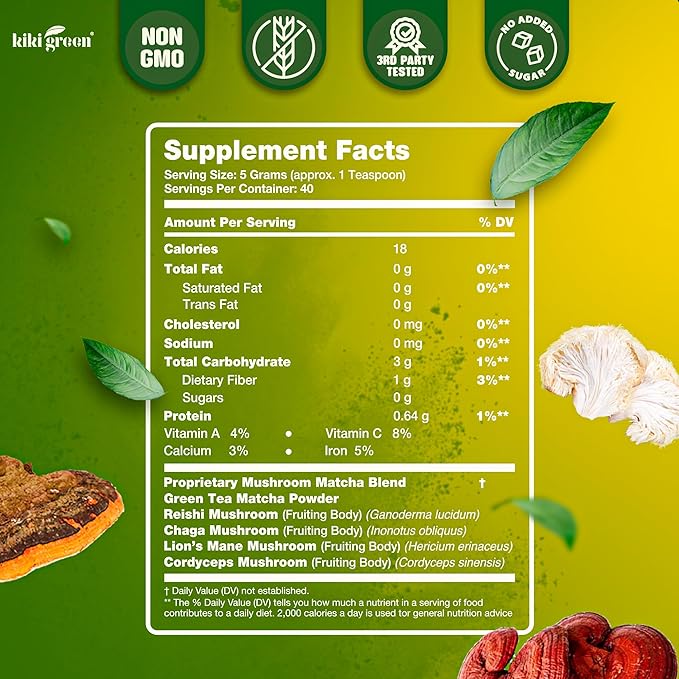 KIKI Green Mushroom Matcha Super Blend - Matcha Powder with Lion's Mane Chaga Reishi Cordyceps - Mushroom Coffee Alternative for Energy Focus Immunity - 8 oz 40 Servings