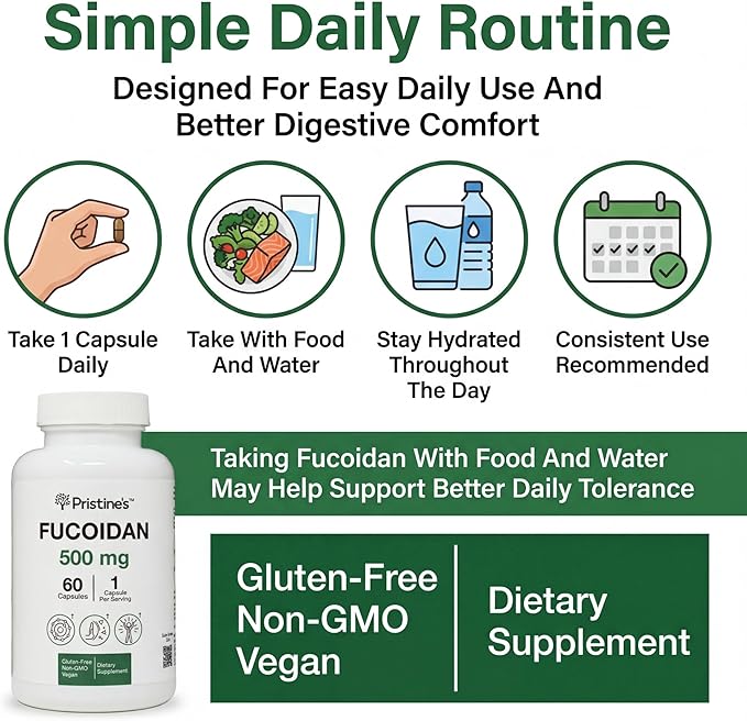 PRISTINE'S Fucoidan 500MG Immunity Supplement Capsules - 60 Day Supply - Brown Seaweed Extract - Potent Herbal Antioxidant Lung Health &amp Skin Health Support