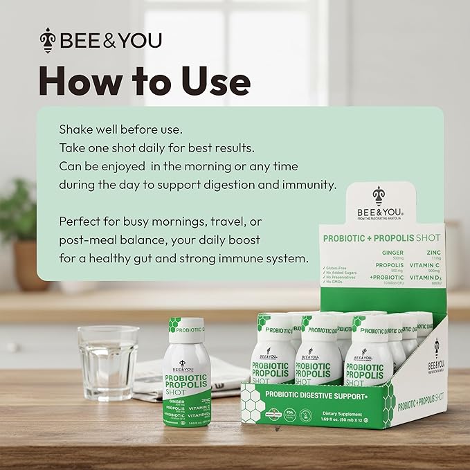 Bee and You Propolis Immune Shot Probiotic Vitamin C Vitamin D3 Zinc Ginger Immune Support Gut Health Digestive Health Bioactive 1.69 Fl. oz 12 Pack