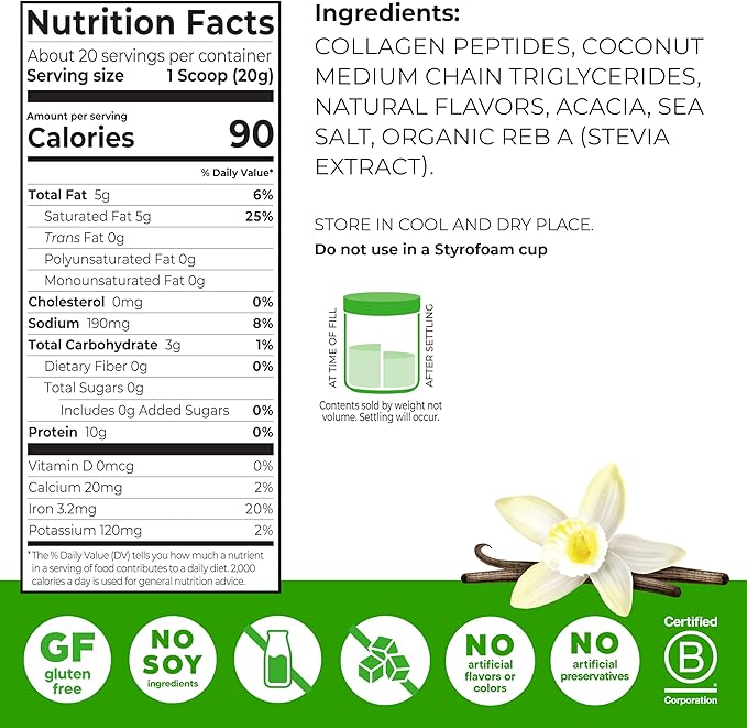 Orgain Keto Collagen Protein Powder Vanilla - 10g Grass Fed Hydrolyzed Collagen Peptides for Women &amp Men Type I &amp III 5g MCT Oil - Hair Skin Nail &amp Joint Support Non-GMO Gluten Fre