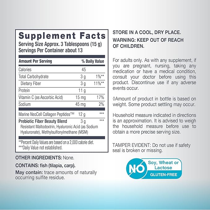 NeoCell Marine Collagen Peptides Powder | 7 oz | Unflavored Supplement | with Vitamin C and MSM | Plus Hyaluronic Acid | Prebiotic Fiber Beauty Blend | Hair Skin &amp Nails | for Women and Men