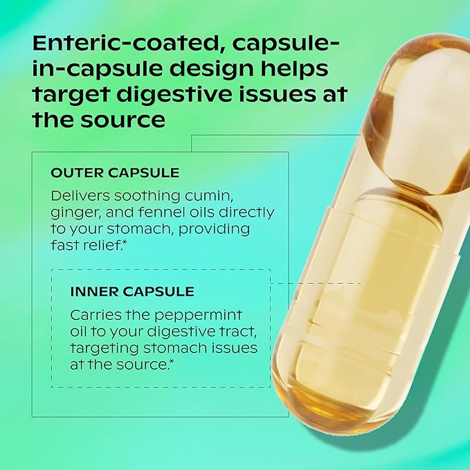 wholier Peppermint Oil Ginger Root Oil for Bloating Relief Nausea Relief Upset Stomach Relief + Gut Health. Daily Herbal Supplement. Peppermint Stomach Soother. (60 Vegan Capsules) Glass Bottle