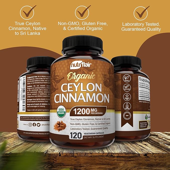 NutriFlair Organic Ceylon Cinnamon Supplement 1200mg 120 Capsules - USDA Certified - Non-GMO Gluten Free Powder Antioxidant Pills