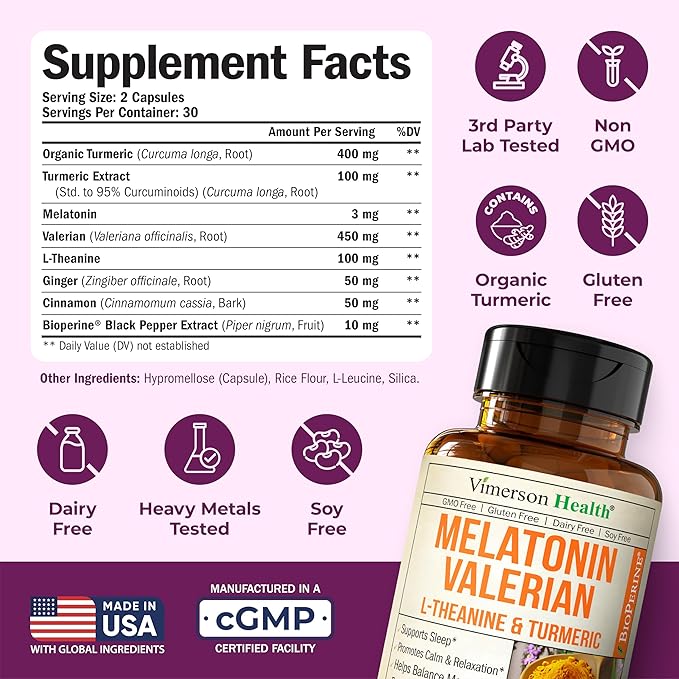 Melatonin 3mg Sleep Aid with L-Theanine &amp Valerian Root – Turmeric Curcumin Supplement with Ginger &amp Black Pepper – Organic Turmeric Supplement for Sleep Calm and Stress Relief Support – 2 Pa