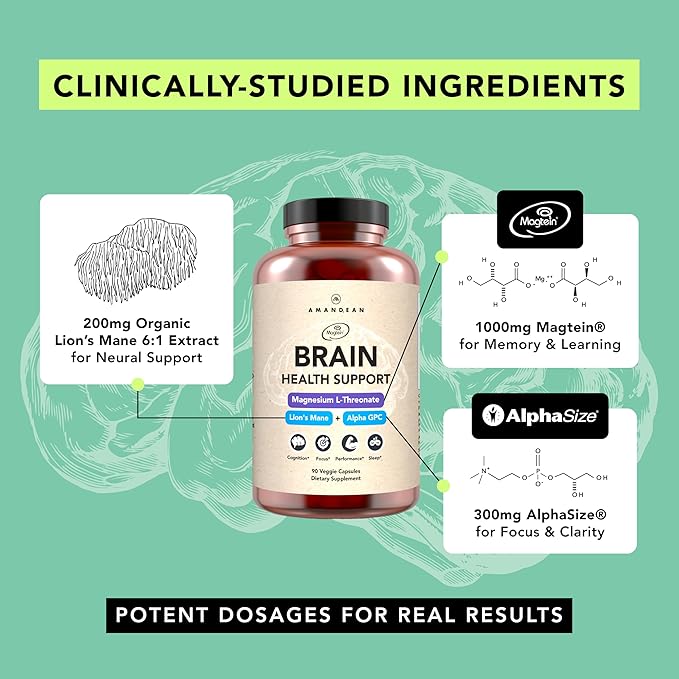 AMANDEAN Nootropic Brain Supplement for Memory and Focus Mental Clarity and Cognitive Function Magnesium L-Threonate (Magtein) Lions Mane and Alpha GPC - (90 Veggie Capsules)