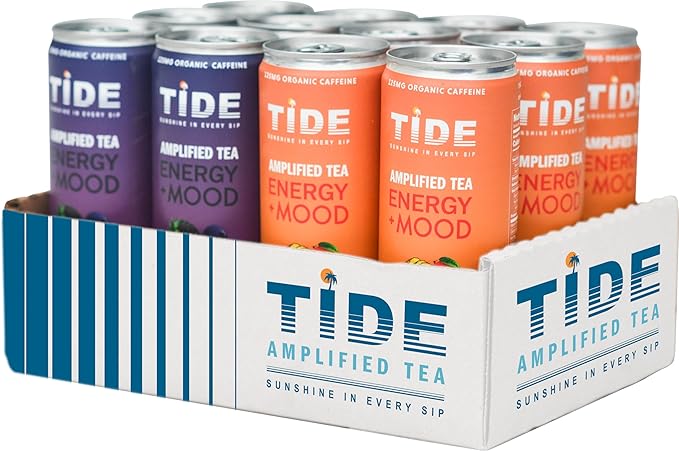 TIDE Yaupon Premium Brewed Tea Variety Pack Clean Energy Drinks Ginseng Real Fruit Juice &amp Organic Green Tea for Mood &amp Energy Boost Low Calorie Black &amp Blueberry &amp Tropical 12